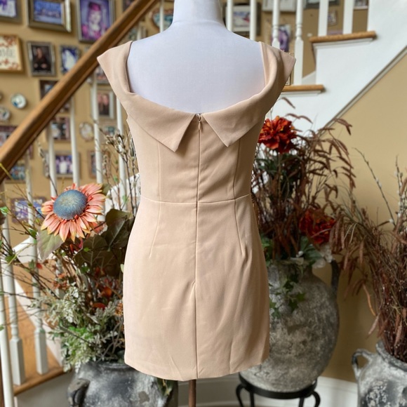 NBD Medium Peach Beige Off Shoulder Faux Wrap Dress. - Picture 4 of 6